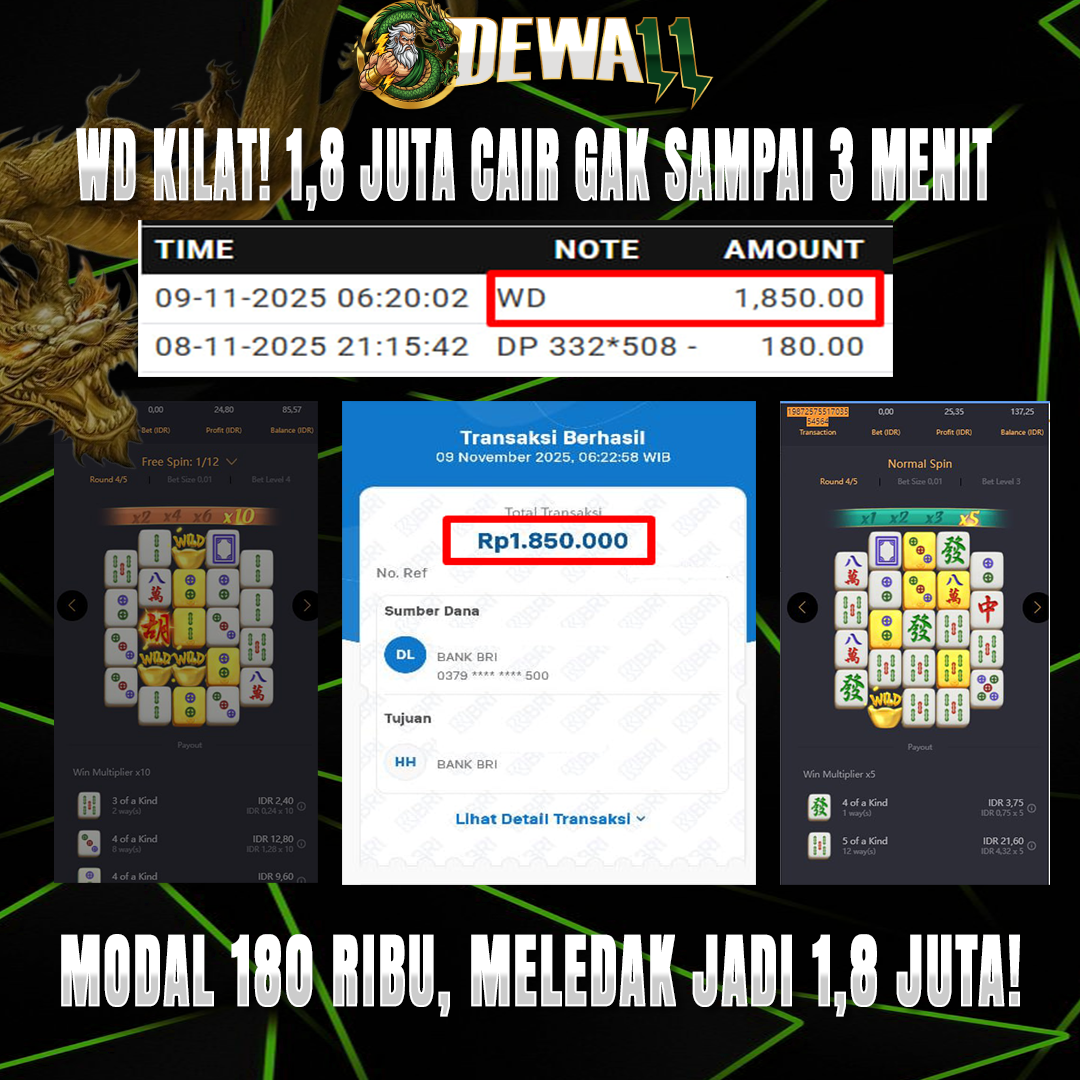 DEWA11: Tempat Game Jackpot Dalam Waktu Singkat Depo 180k Wd 1,8 Juta
